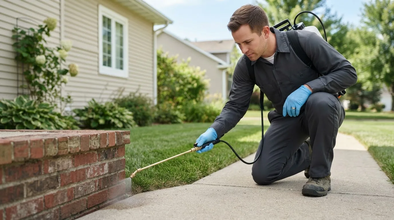 Pest control technician treating a home near Beulah, ND